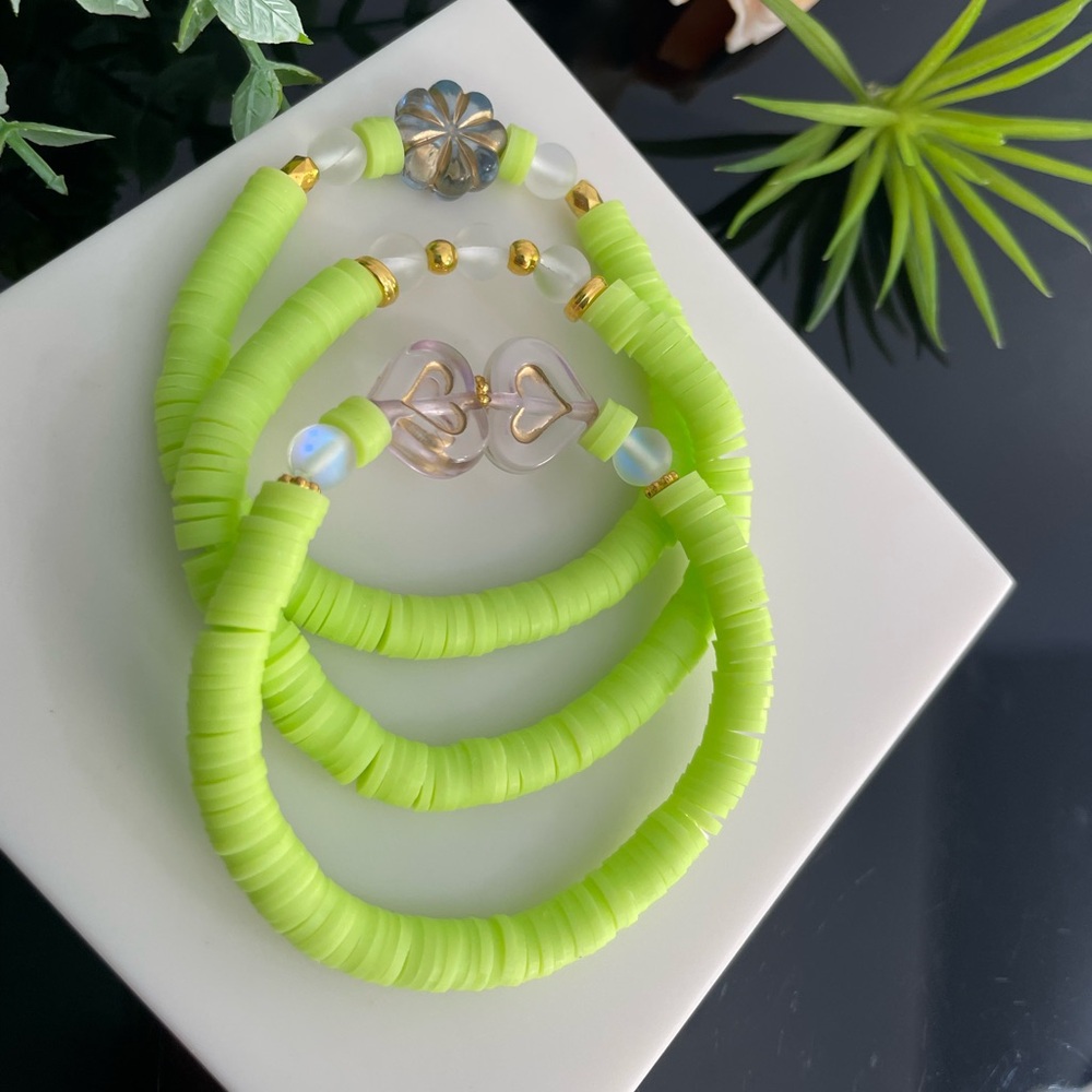 Each $6 - SET of 3 Green Clay Acrylic Beaded Bracelet / Stacking Bracelets